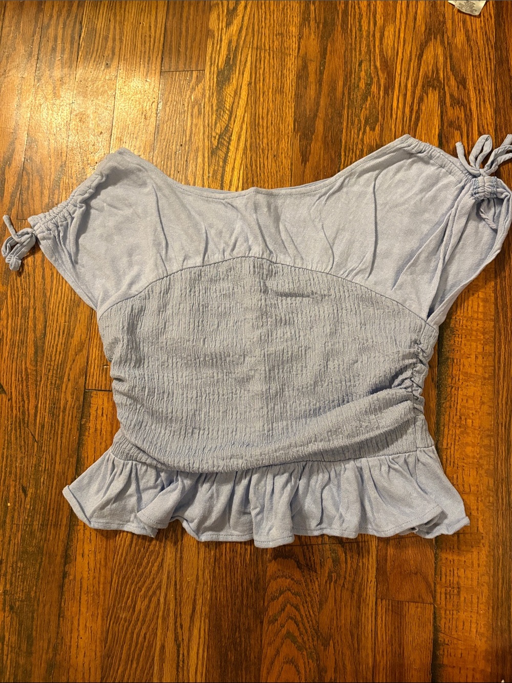 🎉Free People Light Blue Smocked Off-Shoulder Crop Top with Ruffle Hem